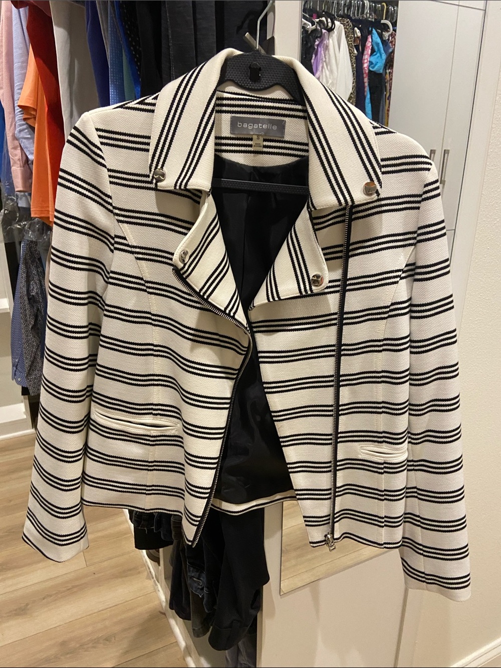 Bagatelle Cream and Black Striped Moto-Style Jacket.